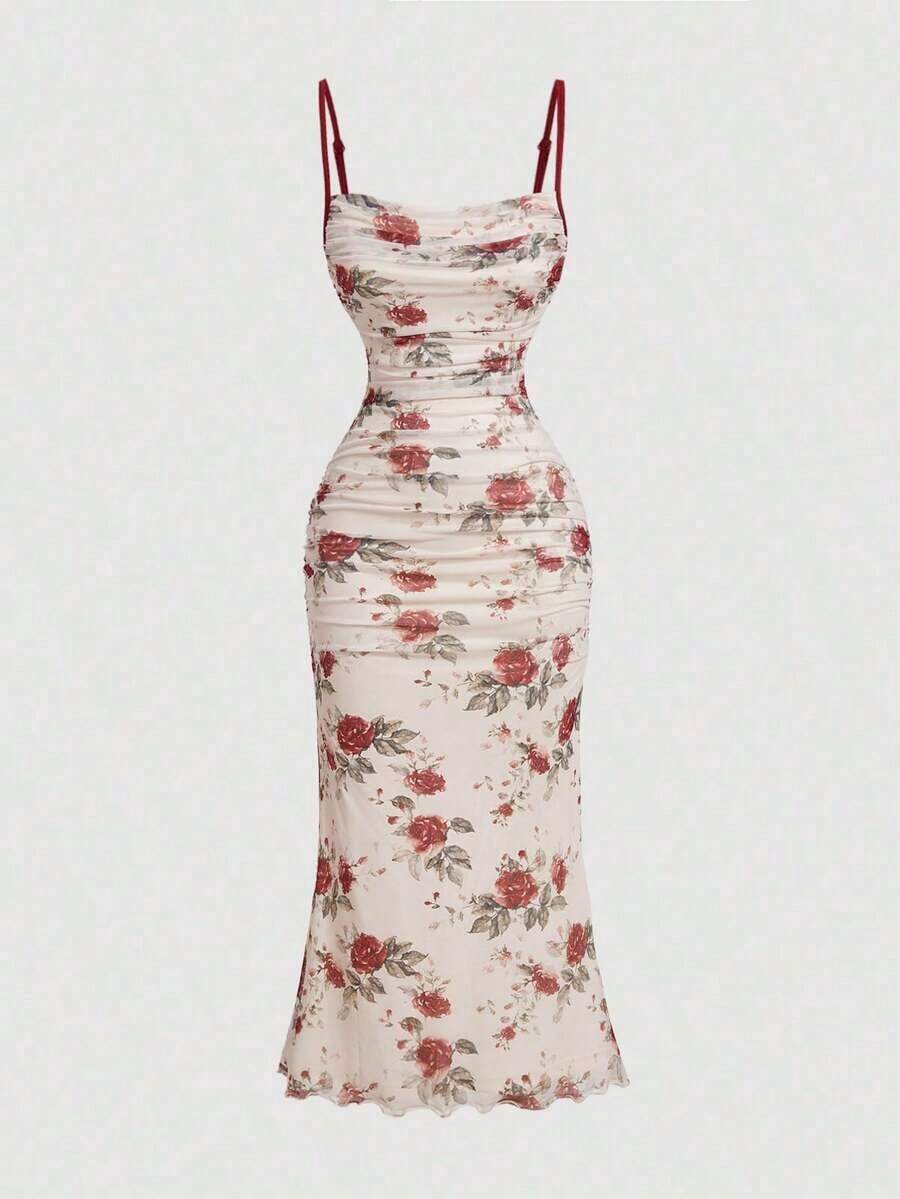 Vestido de mujer con estampado floral vintage, bloques de color, tirantes de hombro y pliegues en la cintura - Burdeos - Ver 1