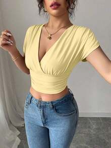 Camiseta casual de mujer con cuello en V y cruce en la cintura - Amarillo - Ver 4