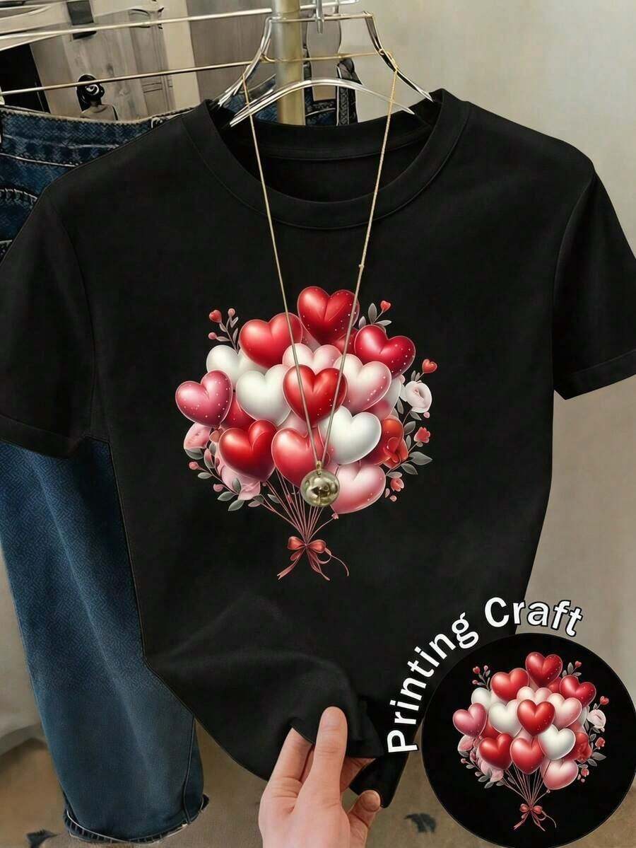 100% Cotton Women's Casual Black Short-Sleeved Round Neck T-Shirt With Heart And Balloon Print, Perfect For A Comfortable And Fashionable Look. - 黑色 - 查看 1