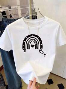 100% cotton Blusa holgada de manga corta, cuello redondo y patrón de arcoíris en color blanco, con estilo casual para verano de damas.El tejido tiene un ligero elástico. - Blanco - Ver 2