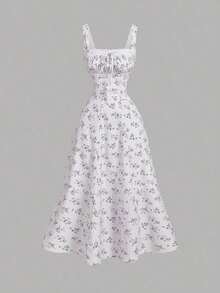 MOD Vestido floral con panel delantero de encaje, cuello cuadrado, espalda recogida con lazo, vestido de fiesta, vestido de brunch, vestido de vacaciones, vestido de banquete, vestido del Día de San Valentín, atuendos de vacaciones en la playa, estilo bohemio, vestidos de verano, vestido maxi floral blanco y azul para invitada de boda, estilo cottagecore, vestido línea A sin mangas de cuello cuadrado, vestido de verano elegante para boda en jardín, fiesta de cóctel, compromiso, reunión festiva - Multicolor - Ver 1