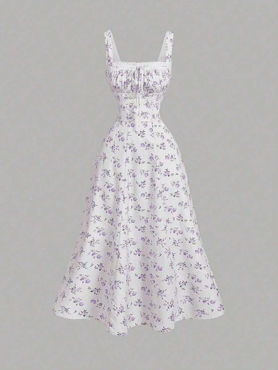 MOD Vestido floral con panel delantero de encaje, cuello cuadrado, espalda recogida con lazo, vestido de fiesta, vestido de brunch, vestido de vacaciones, vestido de banquete, vestido del Día de San Valentín, atuendos de vacaciones en la playa, estilo bohemio, vestidos de verano, vestido maxi floral blanco y azul para invitada de boda, estilo cottagecore, vestido línea A sin mangas de cuello cuadrado, vestido de verano elegante para boda en jardín, fiesta de cóctel, compromiso, reunión festiva - Multicolor - Ver 1