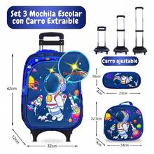 Set de 3 Piezas Mochila Escolar Infantil para Niños y Niñas, Mochila Escolar con Ruedas Opcional, Incluye Bolsa de Almuerzo Térmica y Estuche para Lápices, Diseño de Dibujos Animados de Astronauta Fútbol Gato Kawaii, Gran Capacidad Ergonómica, para Estudiantes de Primaria, Ideal para Regalo de Inicio de Clases - GX-315-negro+l - Ver 4