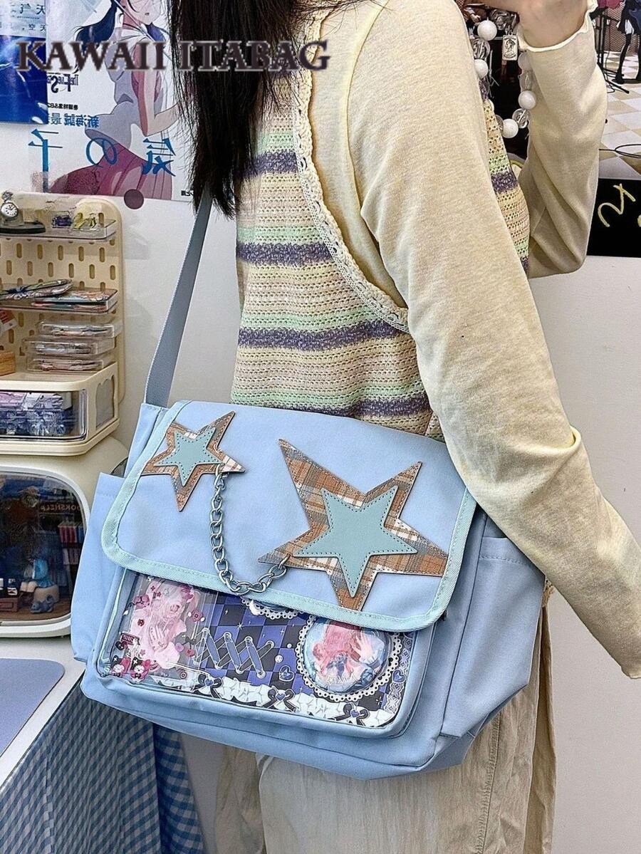 可爱痛包尼龙斜挎包带透明窗口DIY包带徽章展示板PVC透明口袋单肩包可爱格子星星装饰和链条细节动漫徽章展示书包女生学生日常使用演唱会粉丝手提包 - 藍色 - 查看 1