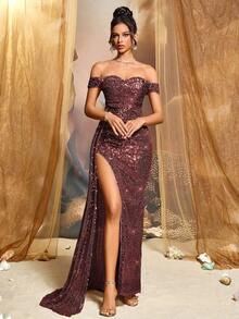 Nuevo estilo de vestido de mujer elegante con lentejuelas brillantes de unicolor y espalda descubierta, adecuado para boda, fiesta, cumpleaños, aniversario, graduación, festival de música, cóctel de vacaciones, cena formal, sesión de fotos, baile de graduación, escenario y concierto, cuarto trimestre de primavera - Burdeos - Ver 6