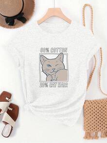 Women's Short-Sleeved T-Shirt With Round Neck And Cat Hair Print, 80% Cotton 20% Polyester, Casual Summer Style. - 黑色 - 查看 8