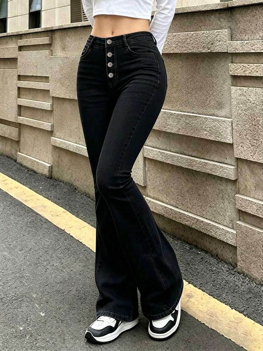 Jeans acampanados de talle medio con ajuste ceñido y elástico, con bolsillos laterales, pantalones estilizadores y elegantes para mujer - Negro - Ver 1