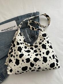 Minimalist Canvas Shoulder Bag With Cow Print, New Spring/Summer Design, Open Top, Adjustable Strap, Lightweight & Spacious, Suitable For Women's Daily, Commute And Student Use - White - View 4