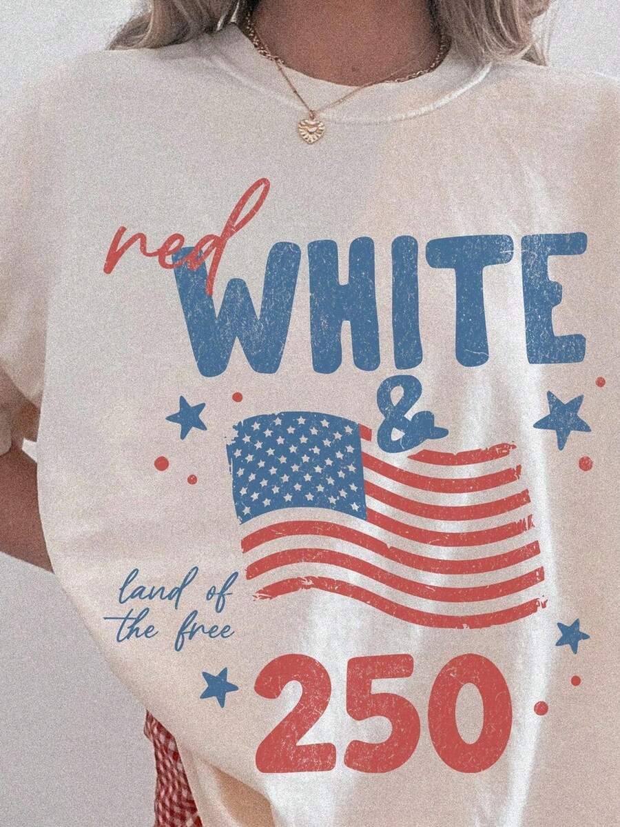 Red And White 250th Anniversary T-Shirt, Preppy Patriotic Tee, 250 Years Of America, 4th Of July Gift For Women. Unisex 220g Pure Cotton T-Shirt, Ideal Weight For All Seasons, Suitable For Both Men And Women. Durable, High-Quality Fabric, Soft To The Touch And Long-Lasting. Breathable Top. Suitable For Women's Spring And Summer, Holidays, Mother's Day, Independence Day. - 白色 - 查看 1