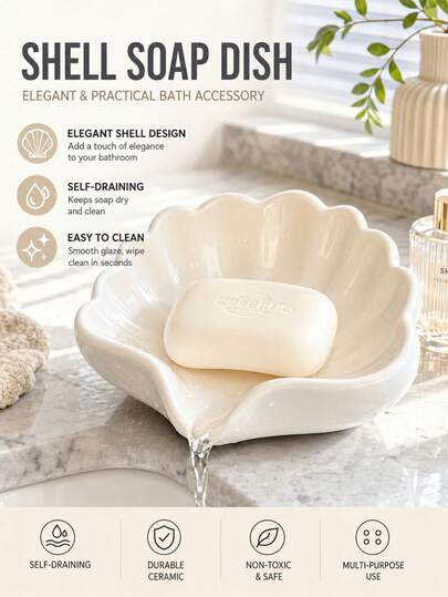 2 piezas Plato de jabón con forma de concha estilo nórdico, bandeja multifuncional para almacenamiento de maquillaje y joyas, decoración de escritorio blanca, accesorios de baño, soporte de jabón antideslizante, organizador de encimera de tocador, artículos para el hogar minimalistas, artículos esenciales de baño