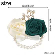 4pcs Elegant Ivory & Dark Green Rose, Korean Style Golden Leaf, Pearl, Bow Elastic Pearl Wrist Corsage, Bridal Bridesmaid Wrist Decor, High-End Wedding Party Prom Valentine's Day Event Wrist Accessory SW280 - Milk + Dark Green - View 10