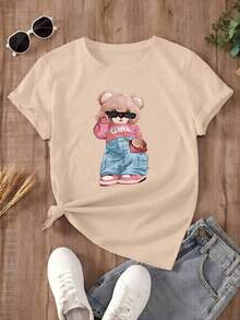Women's Oversized Brown T-Shirt With  Bear Print. Loose-Fitting Round Neck T-Shirt With A Pink Bear Wearing Glasses Design. Casual Short-Sleeved T-Shirt With A  Bear, Chic And Youthful Style. - YH484-杏色 - 查看 2