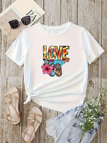 Camiseta Casual de Manga Corta para Mujer - Estampado LOVE de inspiración tropical, diseño holgado con cuello redondo, tela transpirable adecuada para primavera, verano y otoño, ideal para vacaciones en la playa y uso diario, camiseta base ligera estilo playa, material opaco, top con estampado divertido, camiseta ligera de cuello redondo, camiseta de manga corta esencial para el verano / camiseta de manga corta 100% Algodón. - Blanco - Ver 1