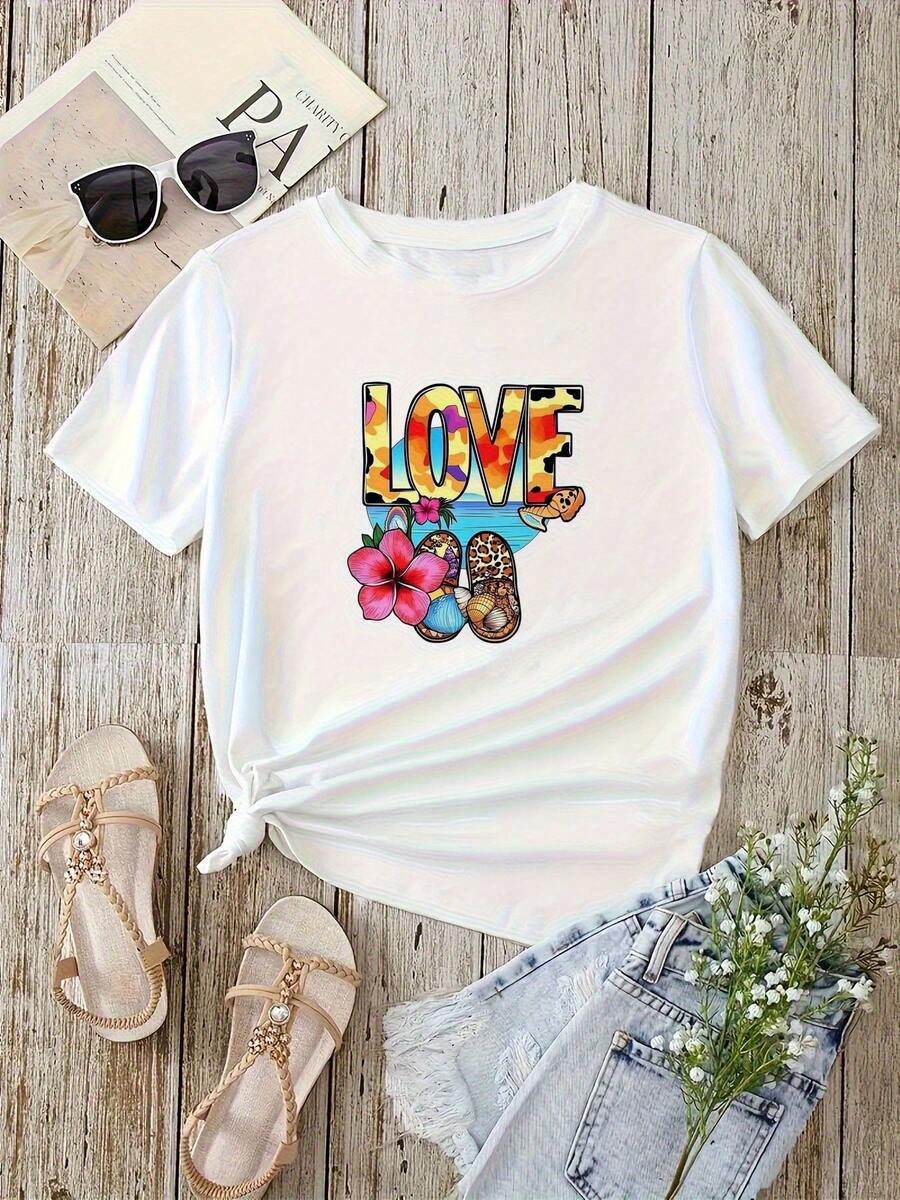 Camiseta Casual de Manga Corta para Mujer - Estampado LOVE de inspiración tropical, diseño holgado con cuello redondo, tela transpirable adecuada para primavera, verano y otoño, ideal para vacaciones en la playa y uso diario, camiseta base ligera estilo playa, material opaco, top con estampado divertido, camiseta ligera de cuello redondo, camiseta de manga corta esencial para el verano / camiseta de manga corta 100% Algodón. - Blanco - Ver 1