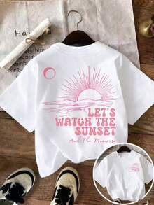 Camiseta gráfica de corte holgado para mujer con estampado "Vamos a ver el atardecer y el amanecer de la luna", transpirable y cómoda, de algodón puro, manga corta, cuello redondo con estampado retro de atardecer rosa, camiseta negra de estilo boho para uso diario casual. - Blanco - Ver 6