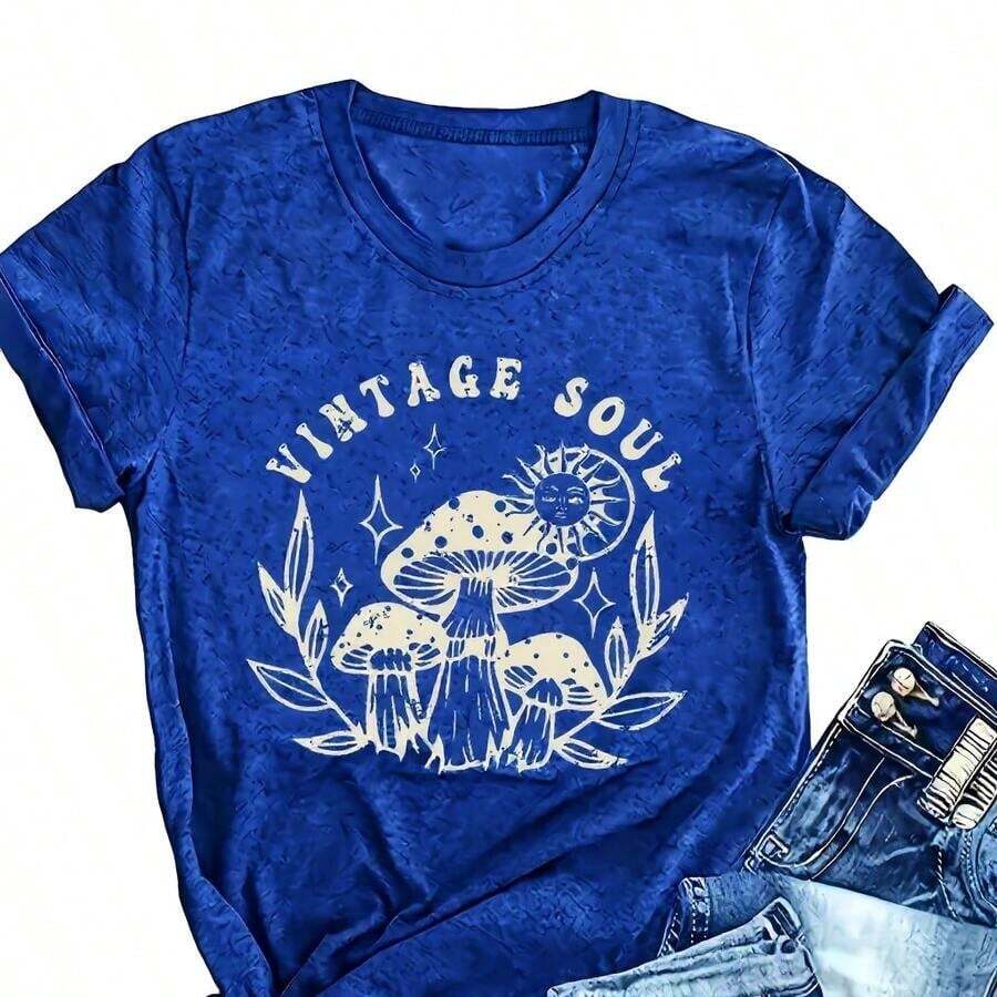 Women's Plus Size Vintage Cotton T-Shirt With 'Vintage Soul' Graphic Print, Oversized Short Sleeve Casual T-Shirt With Mushroom And Sun Print, Loose Fit Top For Everyday Wear, Soft And Comfortable Cotton Material, Retro Aesthetic T-Shirt. - 藍色 - 查看 1