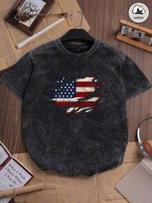 1 Piece Women's Cotton T-Shirt With Fun Hip Hop Style Print "American Flag", Custom Graphic T-Shirt With American Flag, Casual Vintage Korean Style For Daily Wear, Y2K Style, Black Fitted Crew Neck Short Sleeve Washed Effect T-Shirt, 180g 100% Cotton. - 黑色 - 查看 6