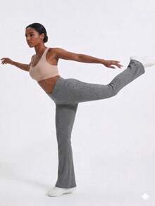 Leggings de ioga femininas de cor sólida, cintura alta e caneladas, modeladoras de bumbum, cintura fina, casuais, justas, respiráveis, ideais para exercícios, ioga, academia, esportes, passeios e férias. - Cinza - Ver 2