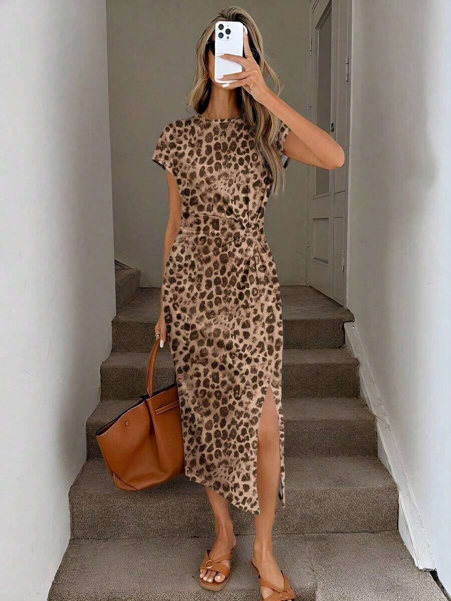 Vestido midi sin mangas con abertura alta, estampado elegante de lazo a rayas rosa, estilo minimalista casual; Vestido de punto de textura casual ajustado para mujer; Conjunto de fitness para mujer; Vestido de invitada de boda para mujer; Atuen - Multicolor 10 - Ver 1