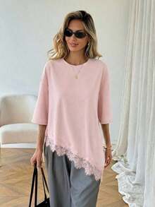 Camiseta casual de mujer con dobladillo asimétrico de encaje de unicolor, uso básico diario, blusa casual de primavera/verano para vacaciones de mujer, vacaciones de verano para mujer, primavera para mujer, vacaciones de primavera, top para ir - Rosa Pálido - Ver 4