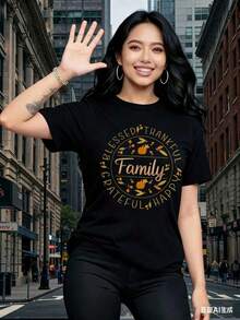 Camisetas de manga corta para mujer, con estampados interesantes, ropa hermosa. Camiseta blanca con estampado de hojas de calabaza de otoño, con la frase "Grateful Happy Autumn Pumpkin Leaves", para uso casual en la celebración del Día de Acción de Gracias. - Negro - Ver 7