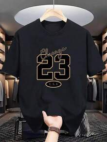 Short Sleeve Cotton T-Shirt With Crew Neck, High Quality Breathable Fabric, Number 23 Print, Black, Ideal For Sports And Everyday Wear, Shipped From Mexico - 黑色 - 查看 1