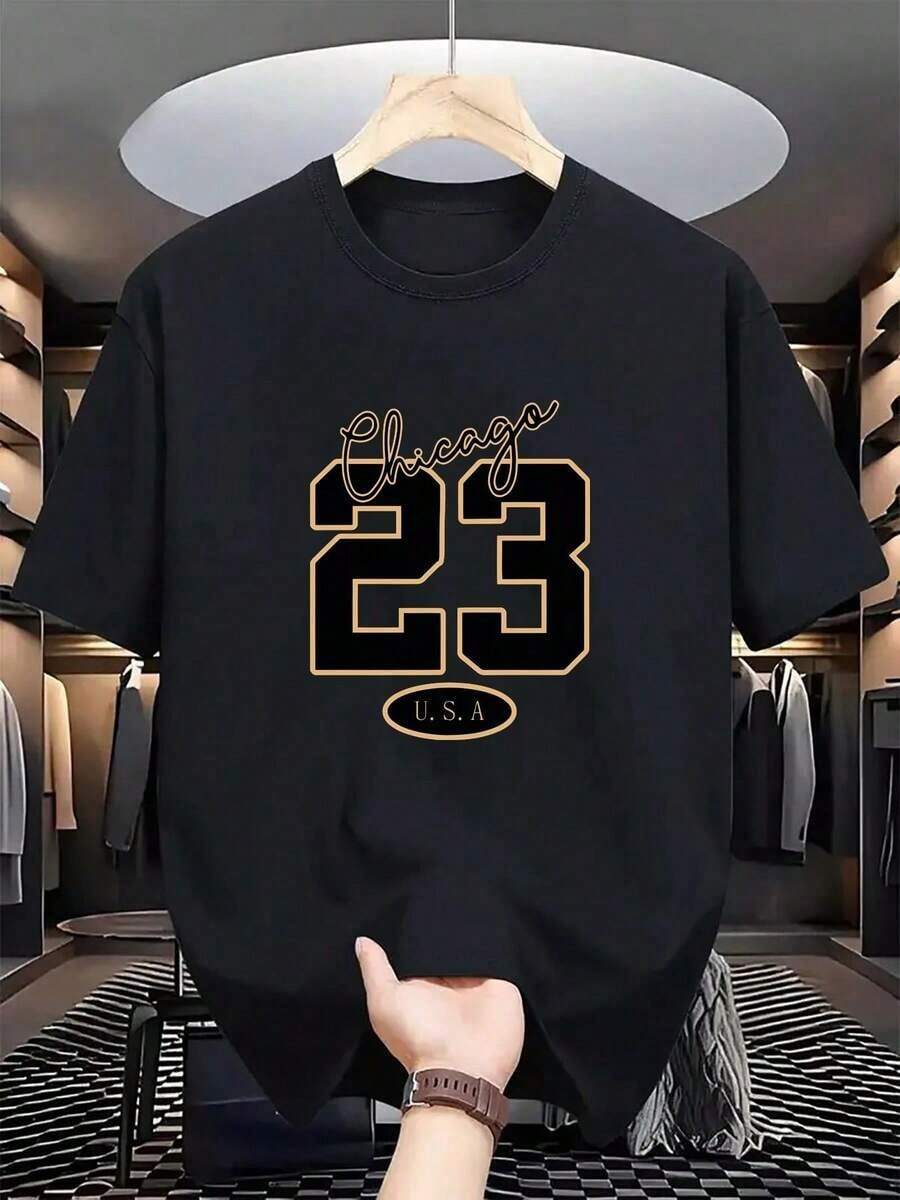 Short Sleeve Cotton T-Shirt With Crew Neck, High Quality Breathable Fabric, Number 23 Print, Black, Ideal For Sports And Everyday Wear, Shipped From Mexico - 黑色 - 查看 1