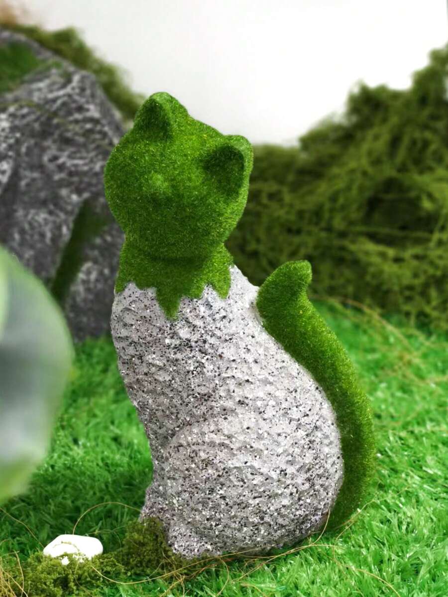 Escultura de gato sentado de terciopelo - Figura decorativa hecha de resina, decoración de jardín, ornamento de jardinería - A - Ver 1