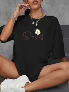 Playera nueva temporada primavera-verano para mujer, con estampado, manga corta y cuello redondo. Modelo básico, cómoda, fresca y ligera, estilo juvenil, moderno y casual. Diseño dulce y delicado, ideal para combinar en primavera y verano. - Negro - Ver 1