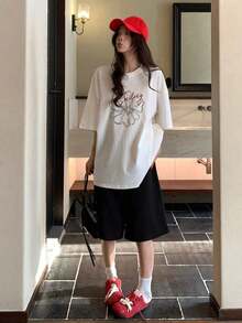 Women's 100% Cotton T-Shirts 2026, Sweet Line Floral Print Short Sleeve T-Shirt, Loose Fit, Versatile, White Cotton Casual Top, Women's Oversized Graphic Tees For Bachelorette Parties - White - View 8