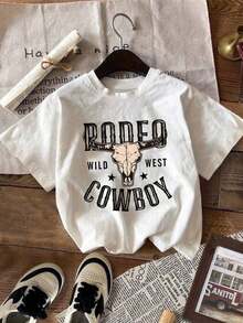 Women's Casual Short Sleeve Round Neck T-Shirt, 2026 Fashion, Vintage Western Cowboy Bull Print, Distressed American Design, Casual Short Sleeve T-Shirt For Teenagers, Retro Style With Personality, Comfortable, Soft And Simple Top For Daily Wear. - 白色 - 查看 3