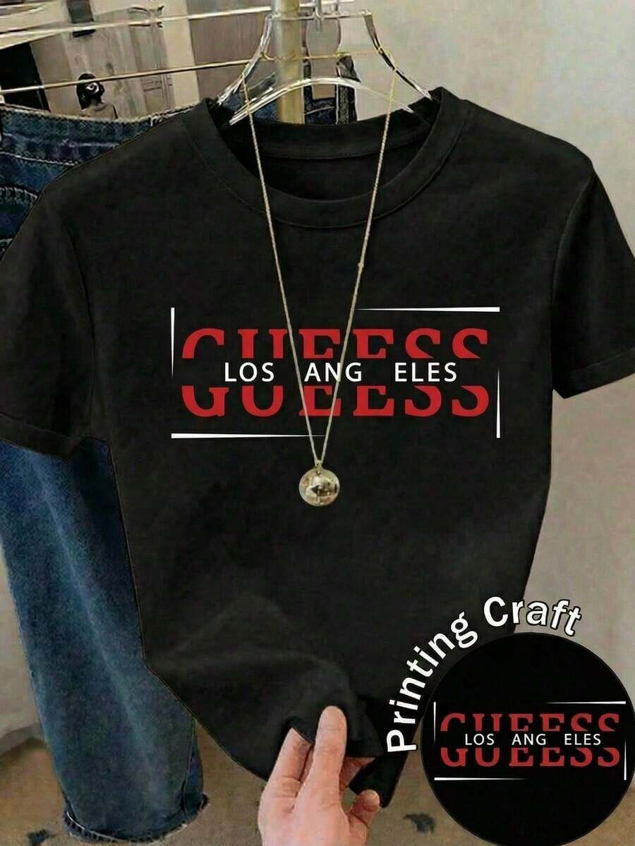 Camiseta suave 100% algodón, camiseta informal de cuello redondo y manga corta para mujer, de longitud regular, con estampado gráfico, material ligeramente elástico, color negro, camiseta de algodón transpirable, combina con todo, genial. - Negro - Ver 1