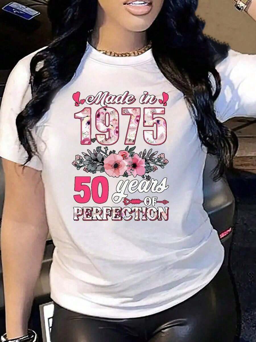 Women's Short Sleeve T-Shirt | Shipped From Mexico | High-Quality Breathable Fabric | Women's Loose-Fitting Short Sleeve Casual Sports T-Shirt In Black And White With "Made In 1975 50 Years" Print And Crew Neck. - 白色 - 查看 1