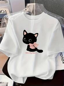 Women's T-Shirt With Naughty Cat Print, Summer Tops For Ladies - White - View 7