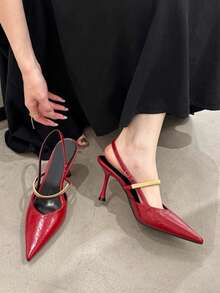 2026 Sandalias con correa deslizante, estilo francés con hebilla de metal negro, tacón fino elegante de tacón alto para mujeres - Rojo - Ver 5