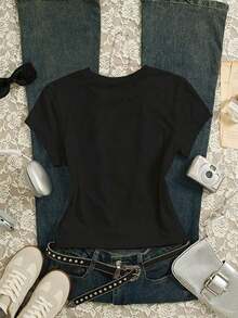 Camiseta Personalizada de Manga Corta con Cuello Redondo y Estampado de Lema para Mujer - Estilo Vintage Urbano, Camiseta Holgada de Algodón con Cuello Redondo y Manga Corta - Negro 4 - Ver 2