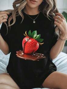 Camiseta de mujer con estampado de fresas y chocolate, ideal para oto?o. Tejido de primera calidad, corte holgado, transpirable, estilo casual. Estampado artístico. Blusas Bonito 100% Algodón - Negro - Ver 1
