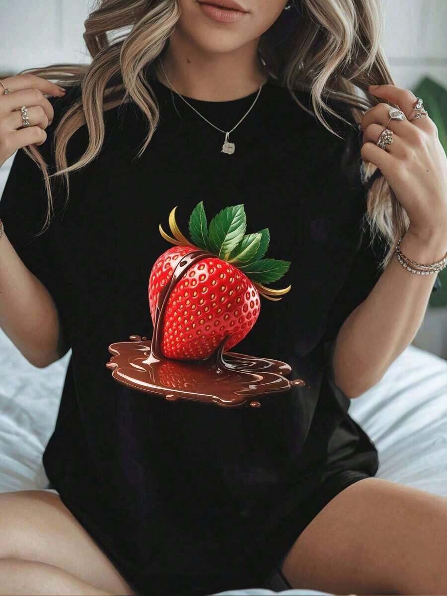 Camiseta de mujer con estampado de fresas y chocolate, ideal para oto?o. Tejido de primera calidad, corte holgado, transpirable, estilo casual. Estampado artístico. Blusas Bonito 100% Algodón - Negro - Ver 1