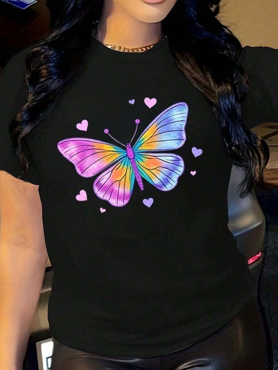 Women's Y2K Style Black T-Shirt With Vibrant Rainbow Butterfly And Heart Print - Casual Pastel Pink And Blue Gradient Top, Short Sleeve, Round Neck, Autumn T-Shirt For Casual Outfits, Parties And Layering. - 黑色 - 查看 1