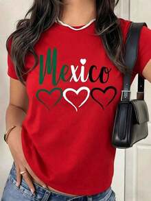 Playera Negra Oversize con Frase "MÉXICO" y Colores de la Bandera, Camiseta de Orgullo Cultural y Patriótico, Blusa Holgada para Día de la Independencia, Tops Regalo para Fanática del FútbolPure-Cotton - Rojo - Ver 1