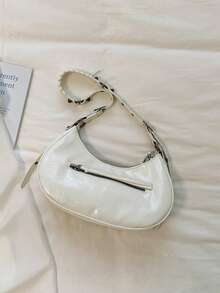 2026 Spring/Summer New White Motorcycle Style Pleated Crescent Underarm Rivet Fringe Design Shoulder Crossbody Bag, Versatile Texture Punk Retro Commuter Bag With Large Capacity - White - View 10