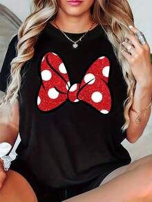Women's Red Polka Dot T-Shirt With Bow | Plus Size 100, Round Neck, Short Sleeve, Casual Loose Fit T-Shirt For All Seasons, Fun Printed Design, Machine Washable, Comfortable Casual Wear, Ideal Gift For Women - 黑色 - 查看 7