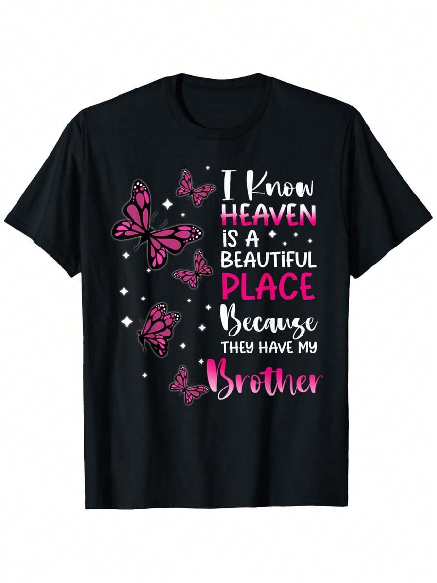 "El paraíso es un lugar hermoso porque tienen a mi hermano" - Camiseta con diseño de ángel - 100% algodón, cuello redondo, manga corta, negra con diseño de mariposas y estrellas coloridas - Regalo conmemorativo perfecto para hombres, mujeres, familiares y amigos en Halloween, Acción de Gracias, Navidad, Día de San Valentín - Tallas S a XXXL - Negro - Ver 1