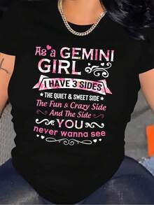 Plus Size, [Large Size Printed T-Shirt] Gemini Exclusive Black Casual T-Shirt-Interesting Pink And White Two-Color Printing "As A Gemini I Have Three Sides" Pattern, Embellished With Lovely Love And  Elements, Fashionable And Interesting - 黑色 - 查看 7