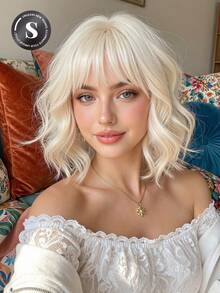10 Inch Light Brown Wavy Bob Wig With Bangs, Natural Silky Texture Heat Resistant Synthetic Hair, Anti-Tangle Anti-Shedding Breathable Cap, Realistic Look Trending Viral Hairstyle For Daily Wear, Party, And Photoshoot Popular Women Hair Accessory - 白色 - 查看 1