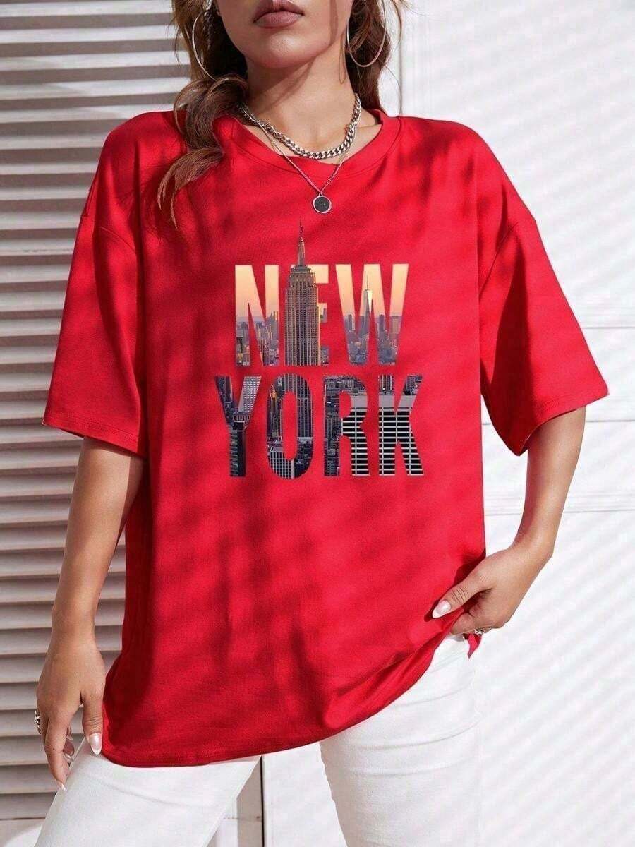 Camiseta unisex de manga corta 100% algodón con estampado de paisajes y letras y hombros caídos | Camiseta Casual de Moda con Cuello Redondo y Manga Corta | Ropa Urbana Retro Vintage de Talla Grande Y2K | Ropa de Tallas Grandes para Mujer para Todas las Temporadas - Ropa Diaria Universitaria para Hombres y Mujeres 100% Algodón - Rojo - Ver 1