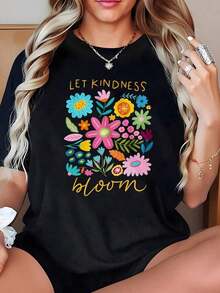 Camiseta de talla grande con estampado floral, diseño floral con margaritas y hojas, patrón vintage de flores silvestres, perfecta para usar en exteriores en verano, cuello redondo. - Negro 3 - Ver 3