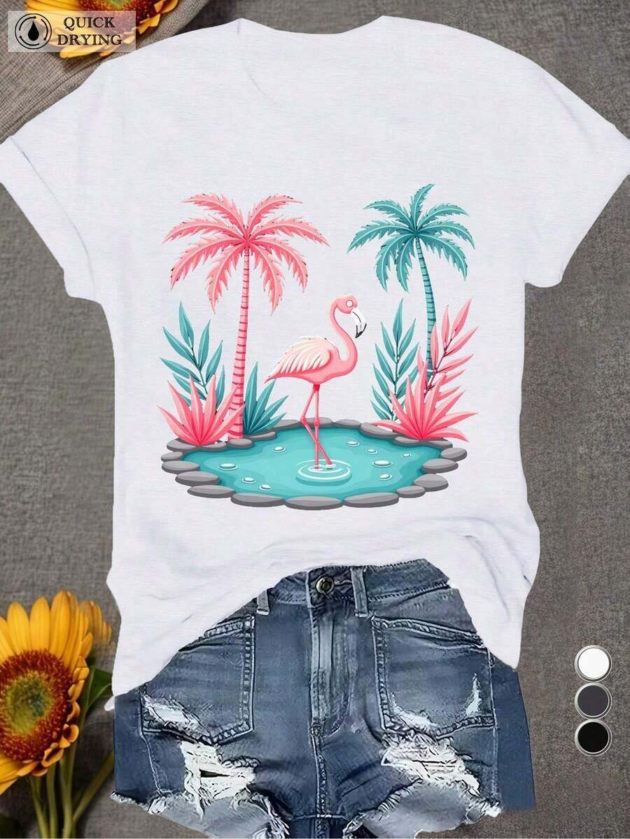 [Local Delivery]Women's T-Shirt [Local Delivery]Women's T-Shirt [Sports T-Shirt]Women's Plus Size Tropical Flamingo And Palm Tree Print T-Shirt - Vibrant Pink And Turquoise, Short Sleeve, Crew Neck, Casual Summer Beachwear, Breathable Quick-Drying Fabric, Machine Washable, Loose Fit Hawaiian Vacation Outfit, All-Season Wear, Geometric Pattern And Pink Flamingo And Tropical Plant Design For Everyday Comfort | Relaxed Fit | Plus Sizes - 白色 - 查看 1