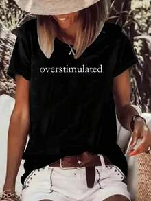 Comfortable Women's Summer Short T-Shirt With Letter Print And Round Neck, Summer Tops. - Black - View 3