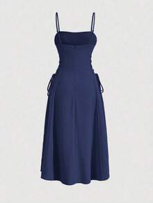 Vestido de tirantes unicolor pecho con fruncido con cordón lateral - Azul Marino - Ver 2